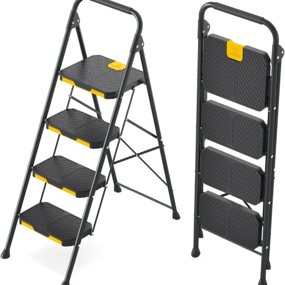 4 Step Ladder Sturdy Steel Step Stool with Safe-Lock Design Handrail Anti-Sli
